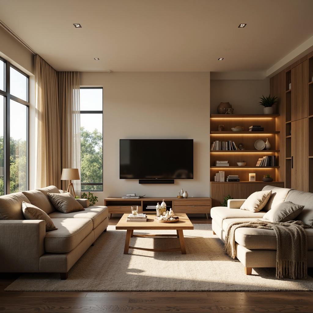 Prompt: Cozy living room, comfortable sofas, wooden coffee table, floor lamps, soft cushions, warm beige walls, large windows, natural light, minimalist decor, modern furniture, functional shelves, sleek TV stand, elegant curtains, calm atmosphere, shallow depth of field, 1/1 composition, realistic textures, ambient occlusion.