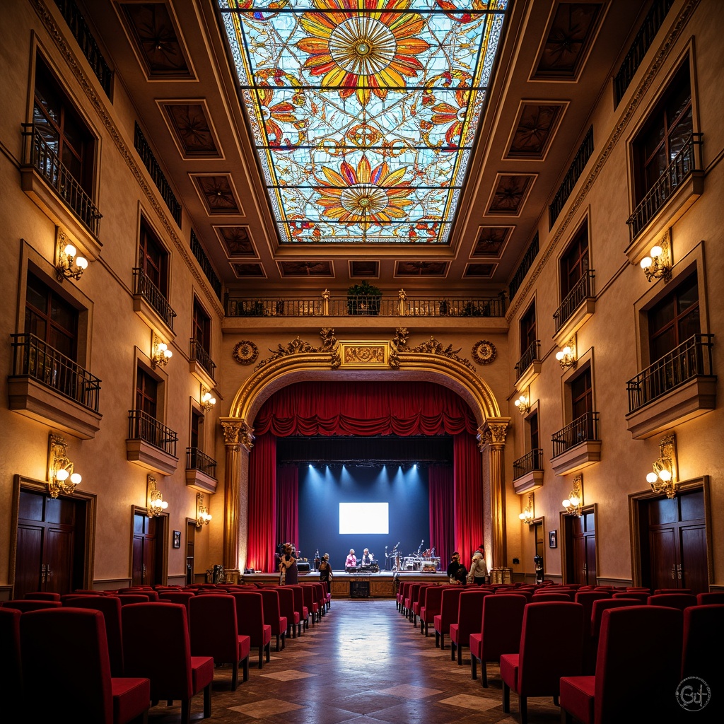 Prompt: Renaissance-style music venue, ornate stained glass ceiling, vibrant colorful patterns, intricate geometric motifs, grand chandeliers, luxurious red velvet curtains, golden accents, ornamental balconies, majestic stage, elaborate wooden carvings, polished marble floors, dramatic lighting effects, warm atmospheric ambiance, soft focus blur, shallow depth of field, 1/2 composition, symmetrical framing, realistic textures, ambient occlusion.