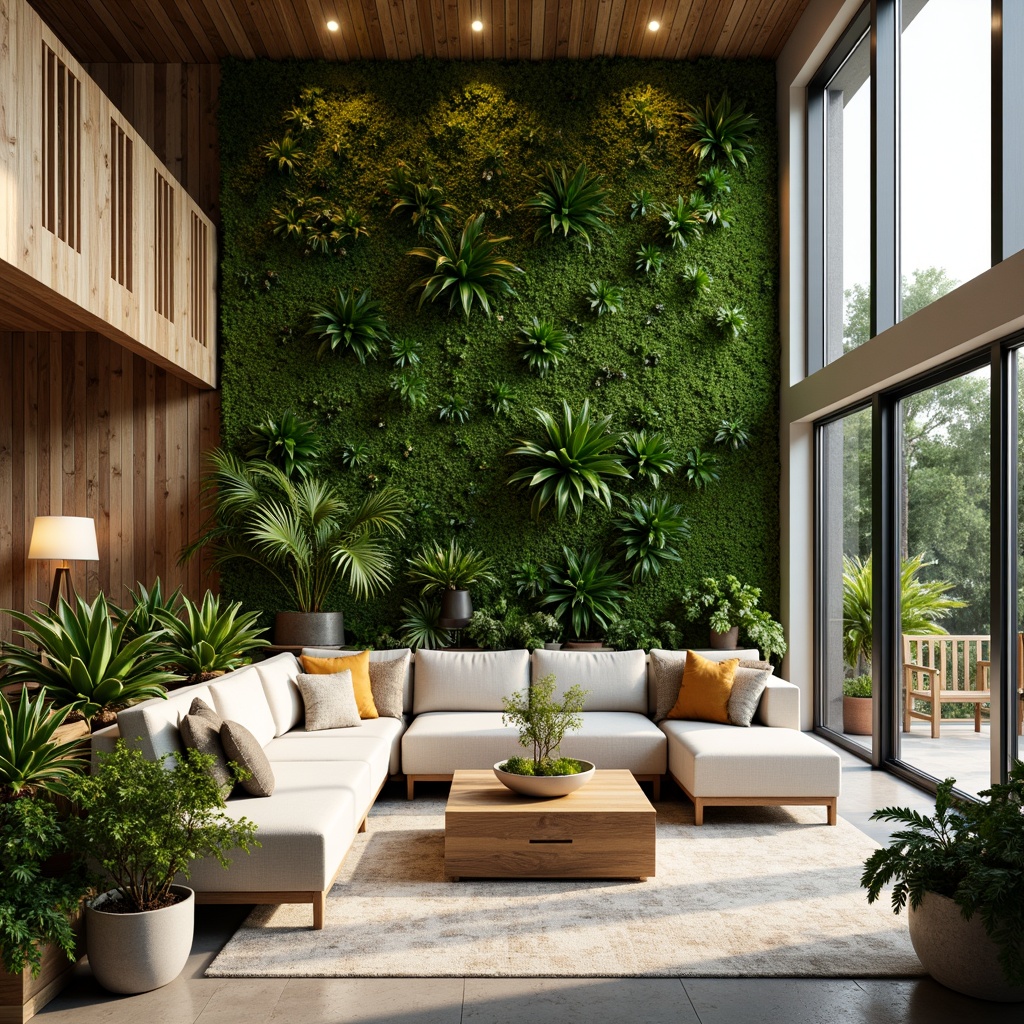 Prompt: Vibrant living room, lush green walls, natural stone flooring, reclaimed wood accents, energy-efficient lighting, floor-to-ceiling windows, sliding glass doors, minimalist decor, potted plants, vertical gardens, eco-friendly furniture, recycled materials, sustainable textiles, calming color palette, soft warm lighting, shallow depth of field, 1/1 composition, realistic textures, ambient occlusion.