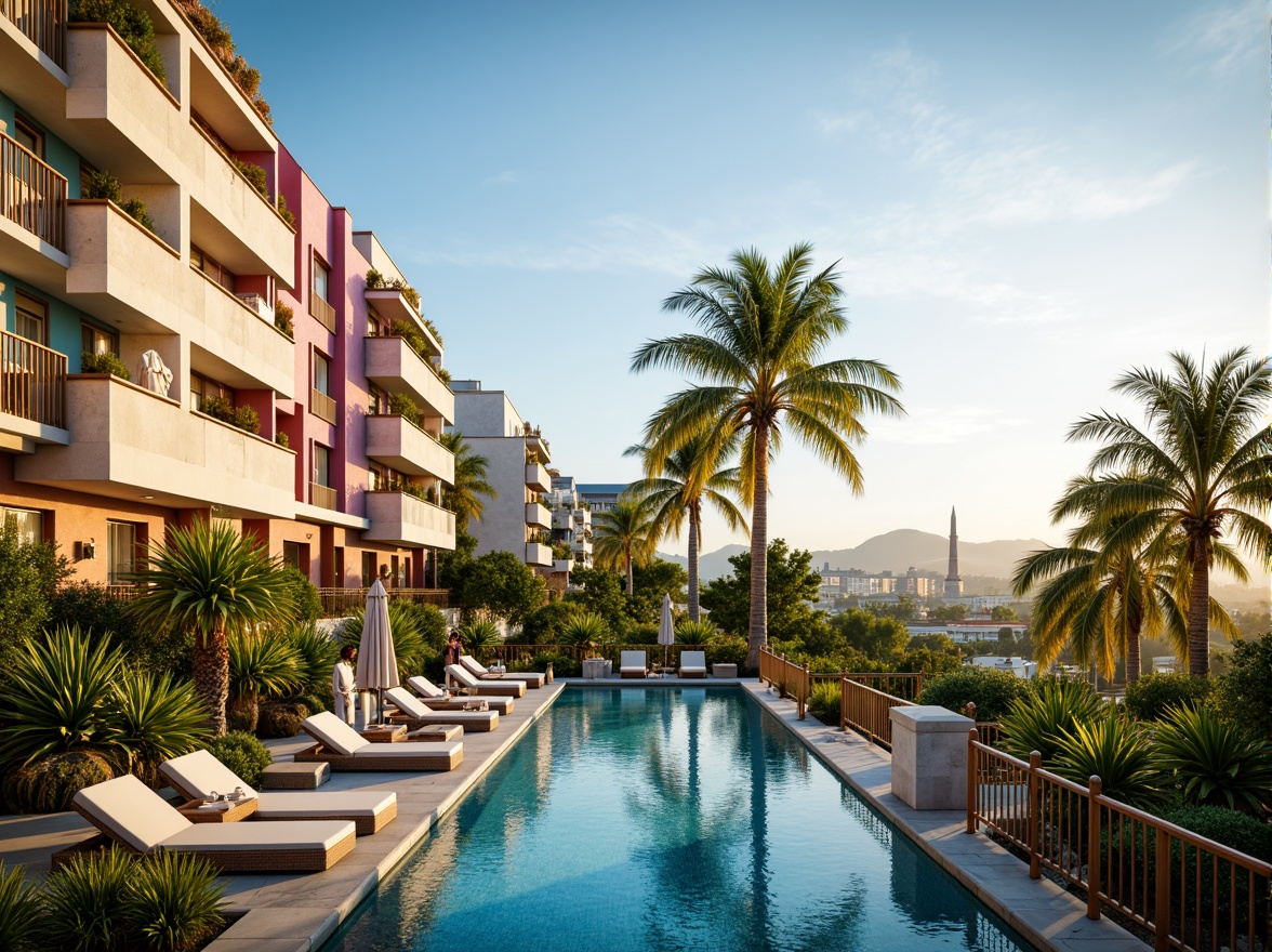 Prompt: Vibrant tropical gardens, exotic palm trees, pastel-colored Art Deco buildings, ornate geometric patterns, metallic accents, luxurious outdoor furniture, infinity pool, sun-kissed terraces, panoramic city views, warm golden lighting, shallow depth of field, 1/1 composition, realistic textures, ambient occlusion.