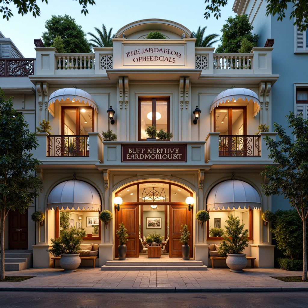 Prompt: Whimsical dental clinic facade, ornate Victorian details, soft pastel colors, delicate filigree patterns, curved lines, romantic balconies, flower-patterned awnings, warm golden lighting, distressed wood textures, vintage-inspired signage, intricate moldings, elegant archways, lush greenery, flowering vines, natural stone cladding, grand entrance doors, ornate metalwork, soft focus photography, shallow depth of field, 1/1 composition, cinematic atmosphere.