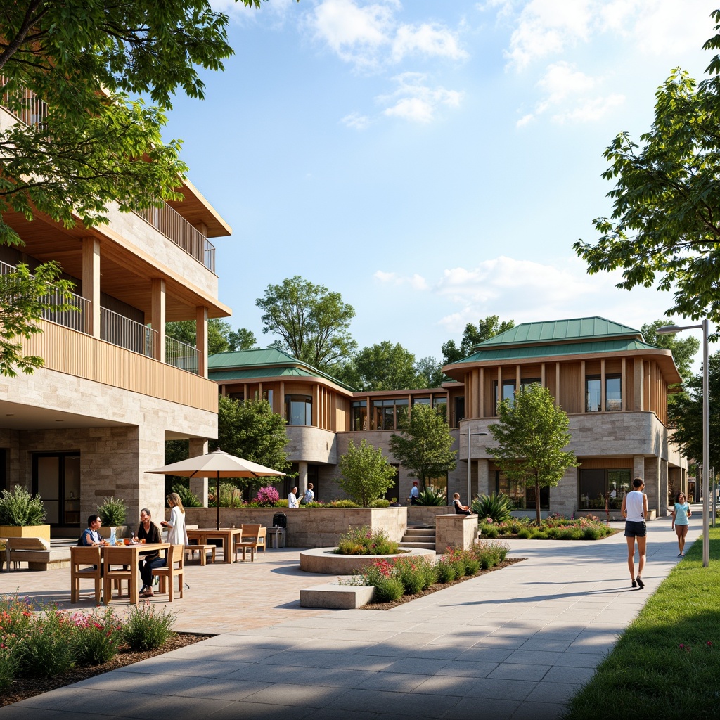 Prompt: Vibrant community center, natural stone facade, wooden accents, green roofs, outdoor seating areas, public art installations, pedestrian walkways, bike lanes, street lamps, lush landscaping, colorful flowers, sunny day, soft warm lighting, shallow depth of field, 3/4 composition, panoramic view, realistic textures, ambient occlusion.