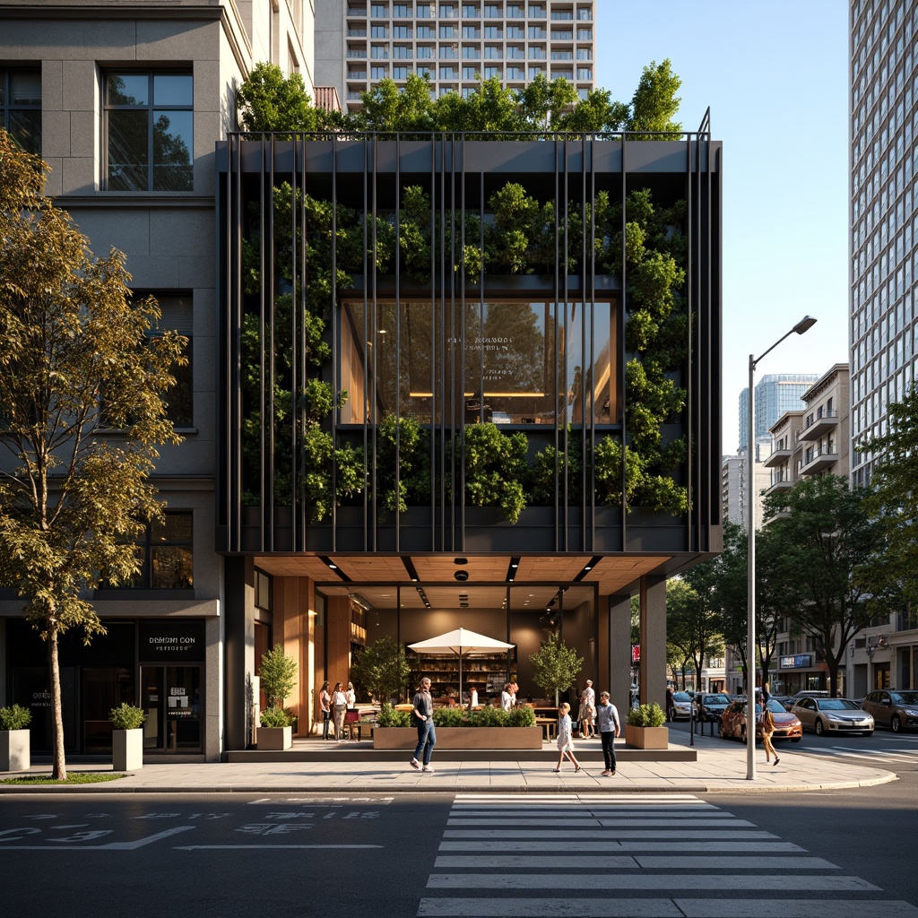 Prompt: Modern coffee shop, sleek metal facade, floor-to-ceiling glass windows, wooden accents, green walls, vertical gardens, industrial chic interior, reclaimed wood decor, cozy ambiance, warm lighting, minimalist signage, urban cityscape, bustling streets, morning sunlight, shallow depth of field, 1/1 composition, realistic textures, ambient occlusion.