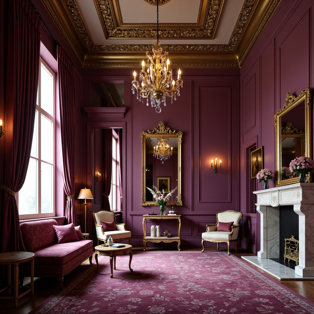 Prompt: Rich plum tones, luxurious velvet fabrics, warm golden lighting, ornate antique furniture, lavish drapery, opulent chandeliers, regal purple hues, soft blush accents, creamy marble textures, intricate patterned rugs, majestic architectural details, dramatic high ceilings, sophisticated interior design, romantic ambiance, warm cozy atmosphere, soft focus photography, shallow depth of field, 2/3 composition, vibrant color harmony.