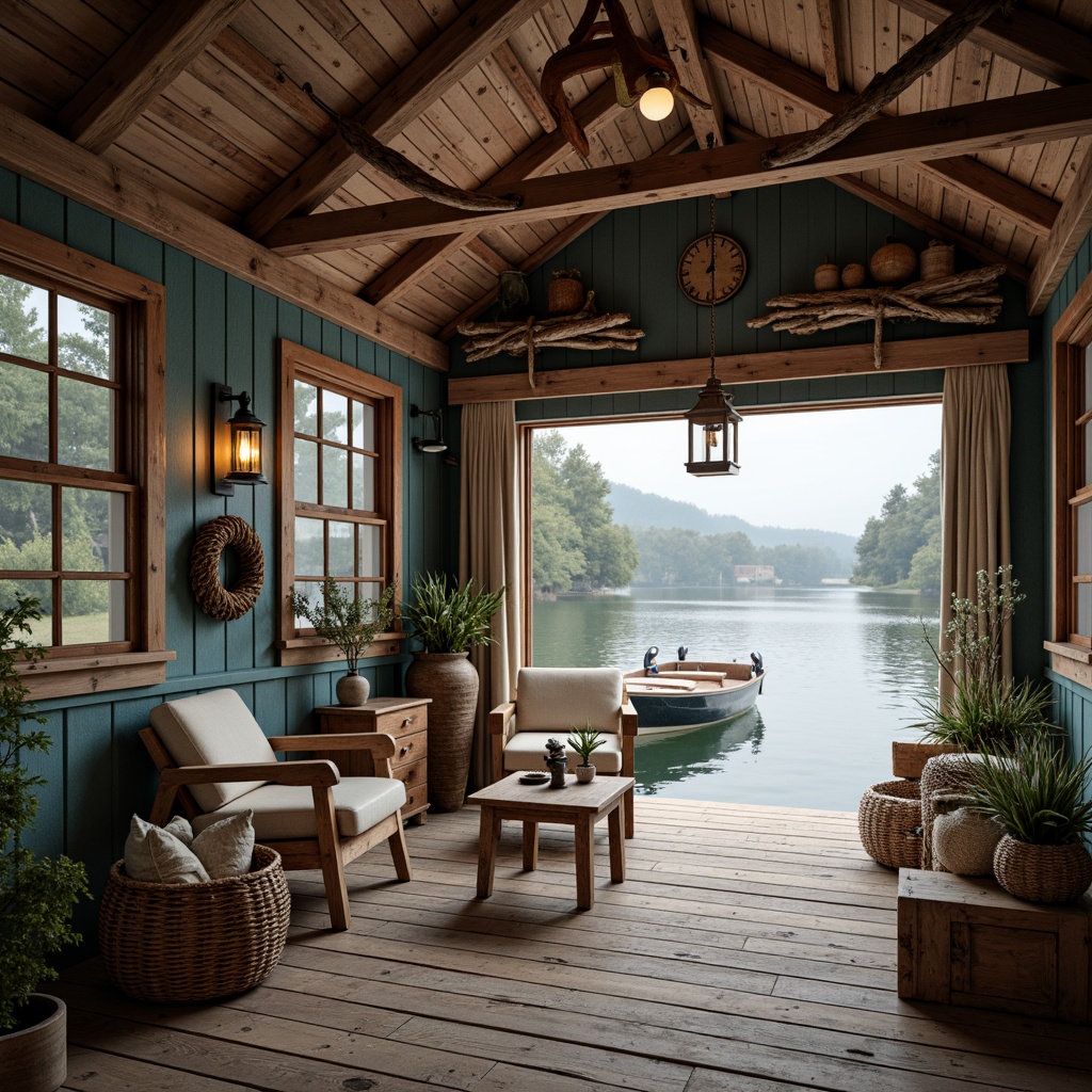 Prompt: Rustic boathouse, weathered wood accents, nautical ropes, distressed finishes, warm beige tones, soft blues, muted reds, natural textiles, earthy browns, lake-inspired hues, serene water reflections, overcast sky, gentle ripples, vintage nautical elements, driftwood decor, lantern lighting, warm cozy atmosphere, shallow depth of field, 1/2 composition, soft focus, realistic wood textures.