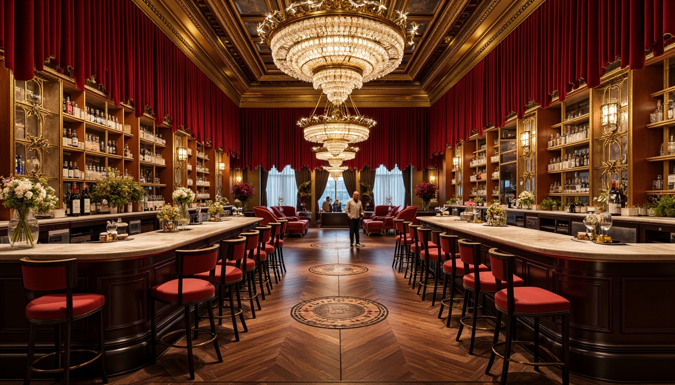 Prompt: Richly ornamented bar interior, lavish velvet drapes, polished brass fixtures, opulent crystal chandeliers, intricately carved wooden panels, luxurious marble countertops, vibrant jewel-toned glassware, ornate metalwork, plush leather upholstery, warm golden lighting, shallow depth of field, 3/4 composition, realistic textures, ambient occlusion.