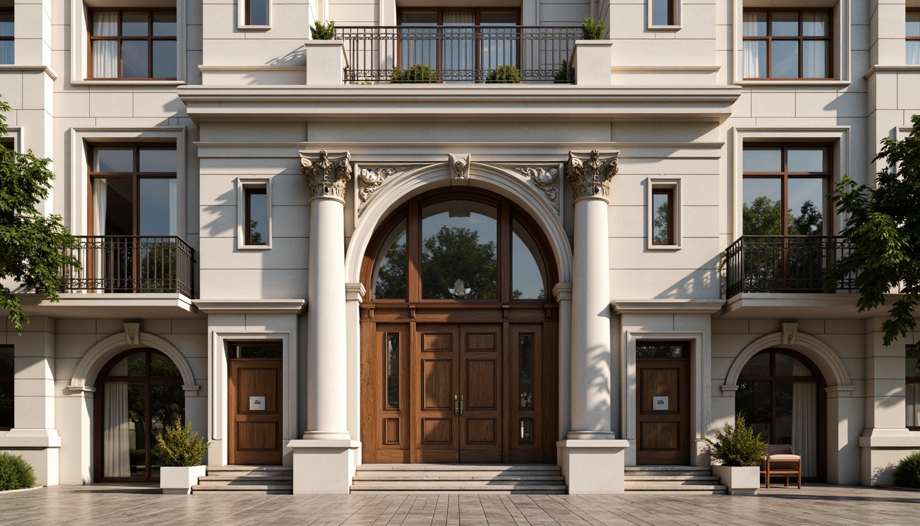 Prompt: Grand neoclassical facade, ornate details, symmetrical composition, limestone walls, marble columns, granite foundation, copper roofing, bronze door handles, intricate carvings, ornamental moldings, stately windows, regal archways, elegant balconies, refined stucco finish, subtle color palette, soft warm lighting, high-contrast shading, realistic textures, ambient occlusion.