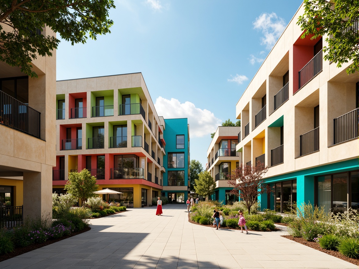 Prompt: Vibrant campus buildings, modern fusion architecture, bold color blocks, warm beige stone walls, rich wood accents, cool grey steel frames, bright turquoise glass, soft cream concrete floors, lush green roofs, blooming flowers, sunny day, warm natural lighting, shallow depth of field, 3/4 composition, panoramic view, realistic textures, ambient occlusion.