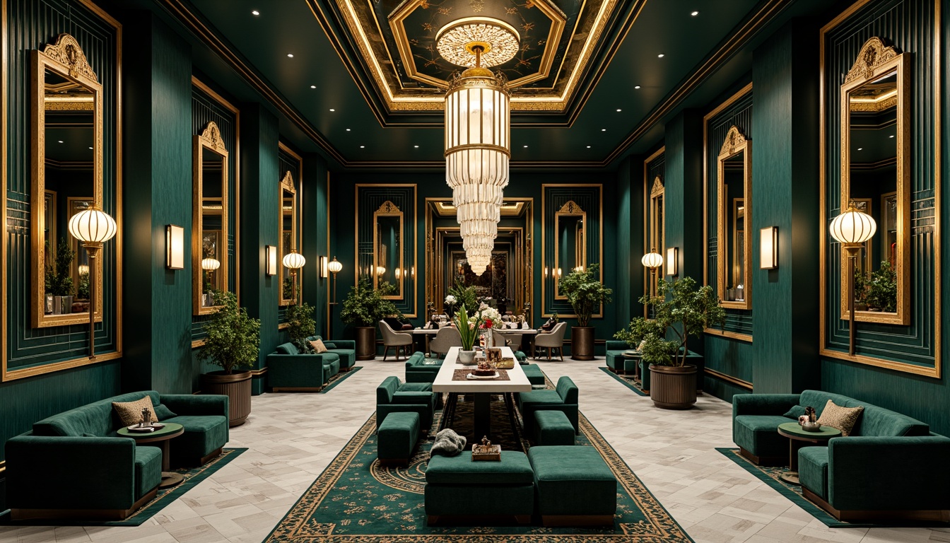 Prompt: Luxurious Art Deco interior, metallic gold accents, bold black lines, rich jewel tones, emerald green walls, navy blue ceilings, geometric patterns, ornate mirrors, opulent chandeliers, velvet upholstery, marble floors, metallic silver trims, lavish furnishings, glamorous ambiance, high-contrast lighting, dramatic shadows, 1/1 composition, symmetrical layout, ornate details, luxurious textures.