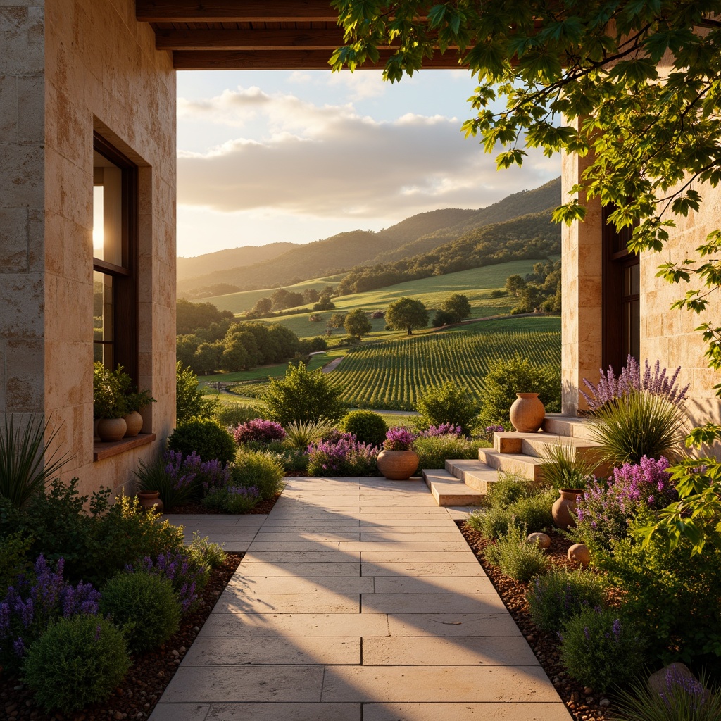 Prompt: Rustic winery, lush vineyards, rolling hills, earthy tones, weathered wood accents, natural stone walls, curved lines, Mediterranean-inspired architecture, warm beige stucco, rich greenery, vibrant purple grapes, golden sunsets, soft diffused lighting, 1/1 composition, intimate framing, realistic textures, ambient occlusion.