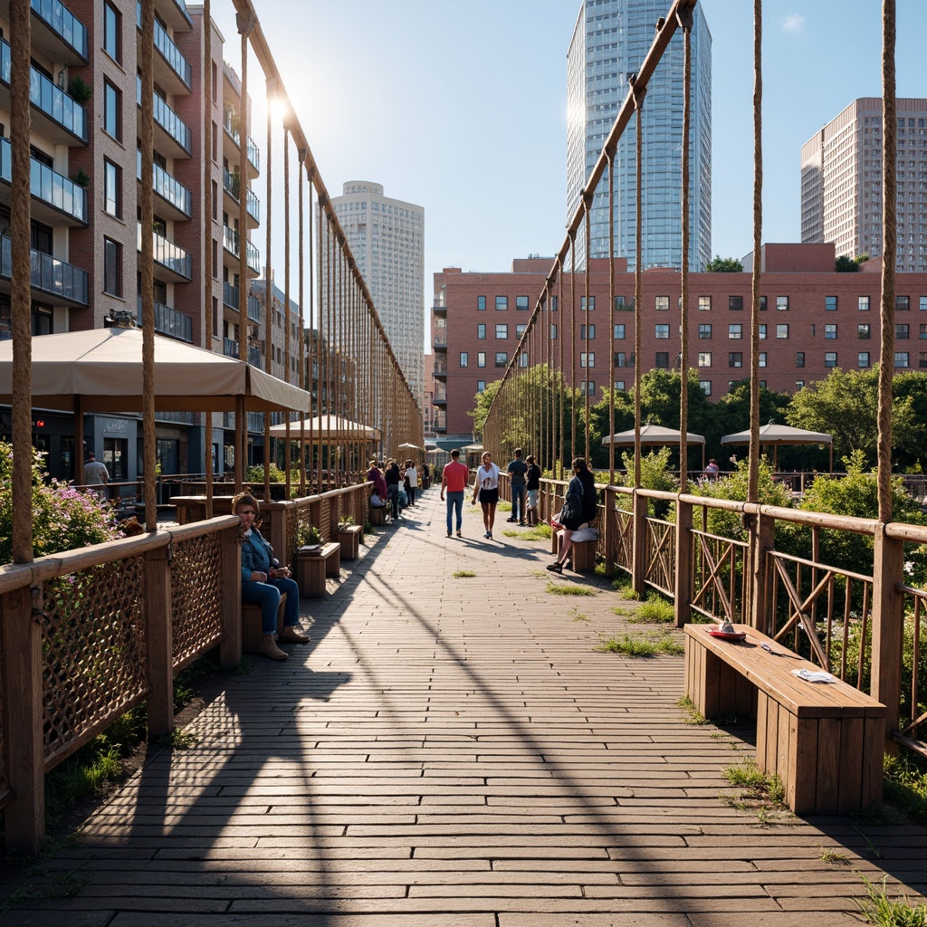 Prompt: Weathered steel pedestrian bridge, suspension cables, wooden plank walkway, rough stone piers, urban cityscape, vibrant street art, eclectic crowd, warm sunny day, soft natural lighting, 3/4 composition, shallow depth of field, realistic textures, ambient occlusion, woven rope railings, distressed denim upholstery, rough canvas canopies, smooth leather benches, intricate metal latticework, ornate ironwork details.