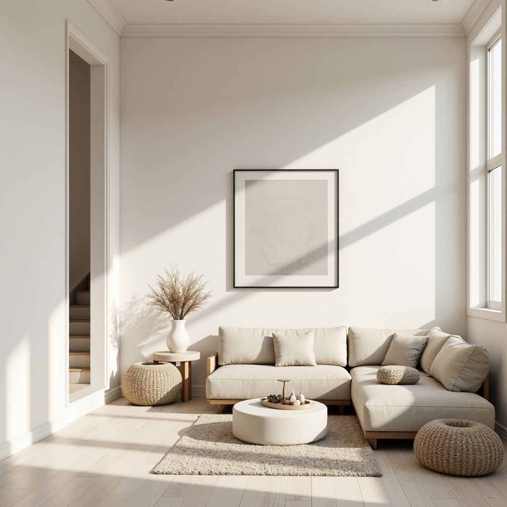 Prompt: Monochromatic interior, soft creamy whites, gentle beige tones, subtle warm grays, minimal ornamentation, clean lines, simple shapes, Scandinavian-inspired furniture, natural textiles, woven baskets, matte finishes, ambient lighting, soft shadows, 1/1 composition, realistic renderings, atmospheric perspective.