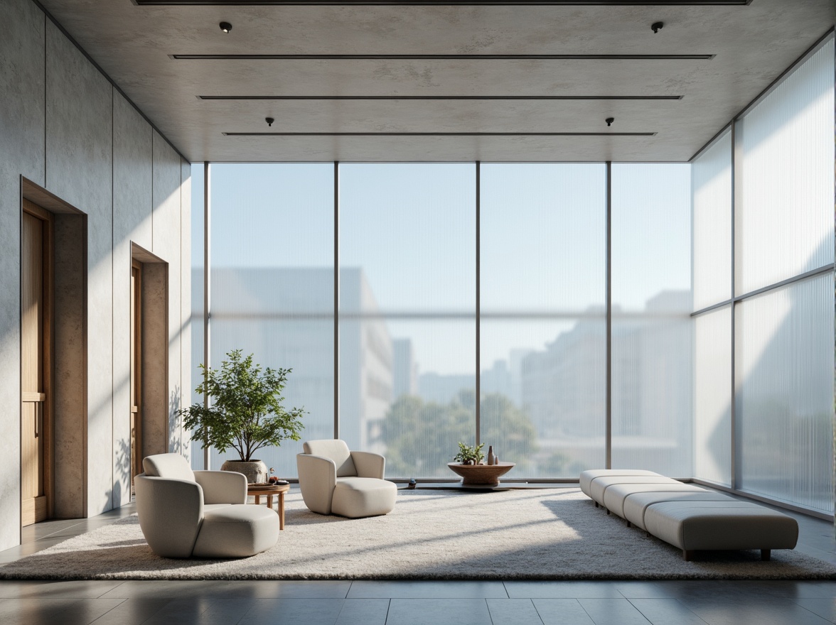 Prompt: Ethereal atmosphere, translucent walls, soft diffused light, minimalist decor, elegant simplicity, subtle color palette, refined textures, intricate patterns, ambient illumination, 3D visual effects, futuristic ambiance, sleek metallic accents, polished glass surfaces, delicate fabric textures, whispers of nature, airy openness, shallow depth of field, panoramic view, realistic reflections.