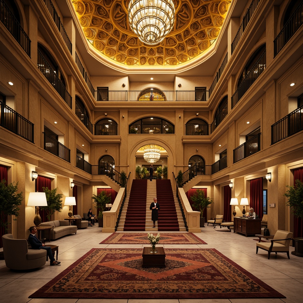 Prompt: Grandiose hotel facade, ornate golden details, sweeping archways, grand staircases, lavish chandeliers, marble floors, intricately patterned rugs, rich velvet drapes, regal furnishings, stately columns, imposing stone walls, dramatic lighting effects, cinematic shadows, 3/4 composition, symmetrical framing, warm golden lighting, shallow depth of field, realistic textures, ambient occlusion.