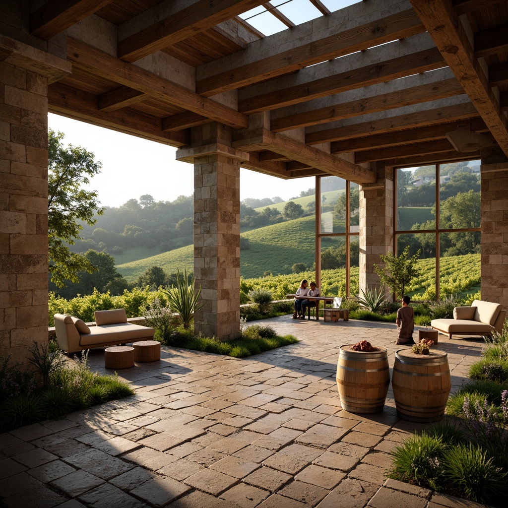 Prompt: Rustic winery, lush vineyards, rolling hills, natural stone walls, wooden barrels, earthy tones, large windows, clerestory openings, high ceilings, cross ventilation, windcatchers, solar chimneys, green roofs, living walls, recycled materials, low-maintenance design, energy-efficient systems, soft warm lighting, shallow depth of field, 1/1 composition, realistic textures, ambient occlusion.