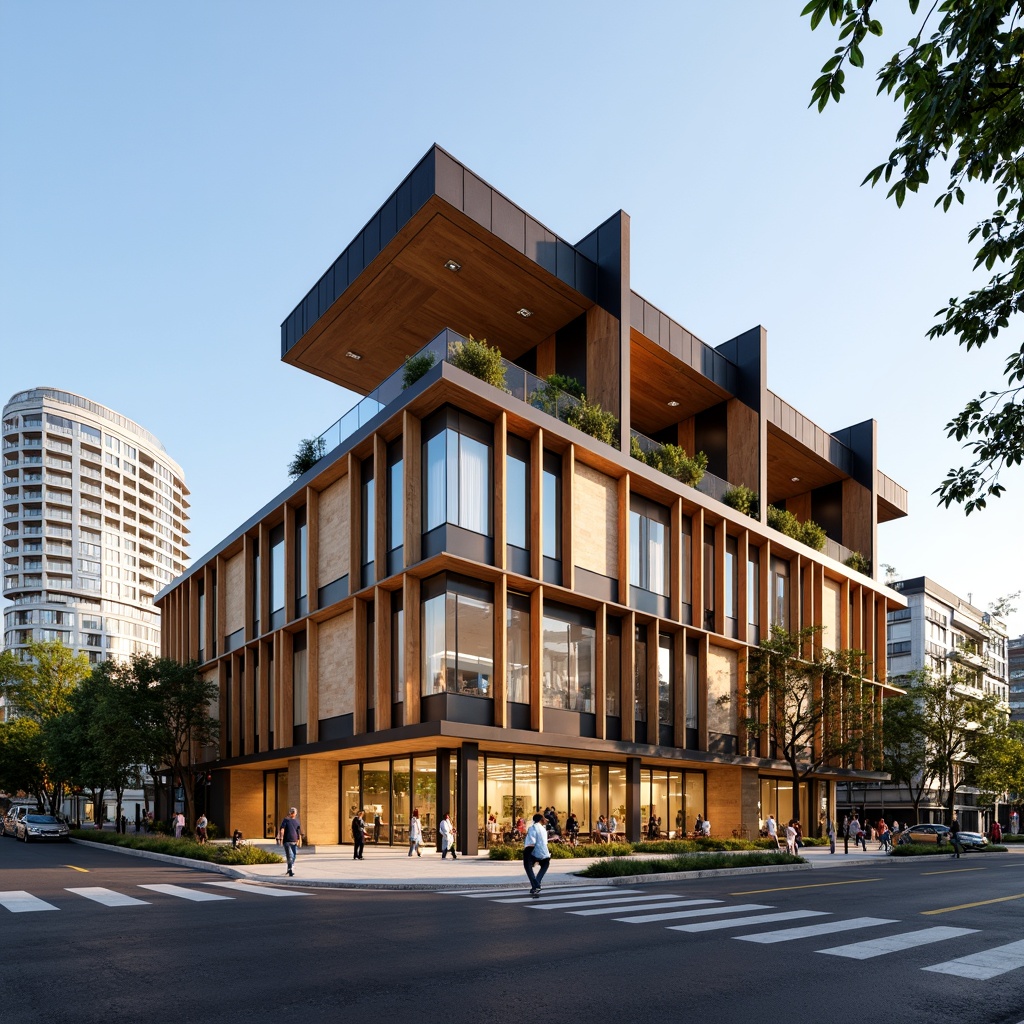 Prompt: Vibrant community center, bold angular lines, cantilevered roofs, contrasting materials, warm earthy tones, rich wood accents, large glass windows, minimalist steel frames, dynamic LED lighting, urban cityscape, bustling streets, morning sunlight, shallow depth of field, 1/1 composition, symmetrical balance, modern architecture, eco-friendly design, green walls, living roofs, sustainable building practices.