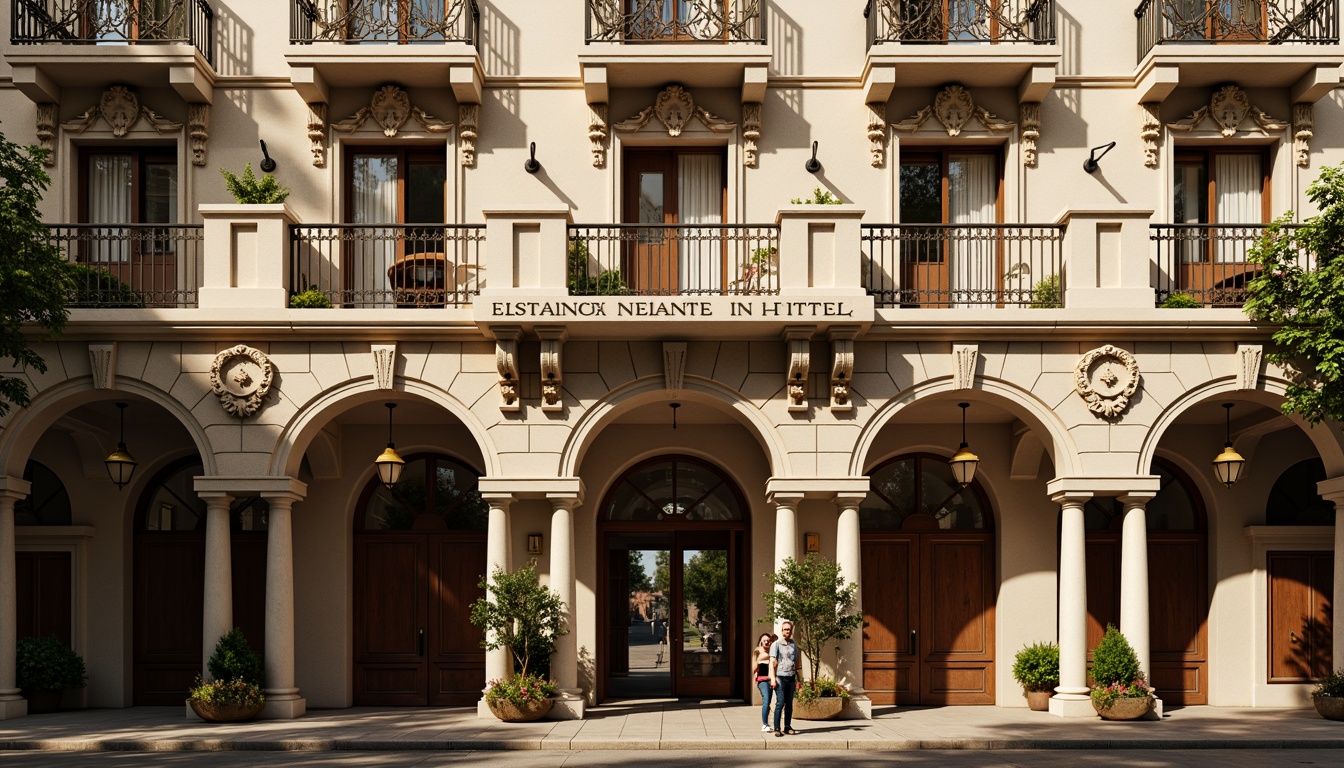 Prompt: Grand hotel entrance, ornate stone carvings, rusticated quoins, arched windows, balconies with intricate metalwork, Tuscan columns, carved wooden doors, elegant signage, symmetrical facade, warm golden lighting, shallow depth of field, 1/2 composition, soft focus on background, realistic textures, ambient occlusion, Renaissance-inspired ornateness, classical proportions, luxurious materials, lavish decorations.