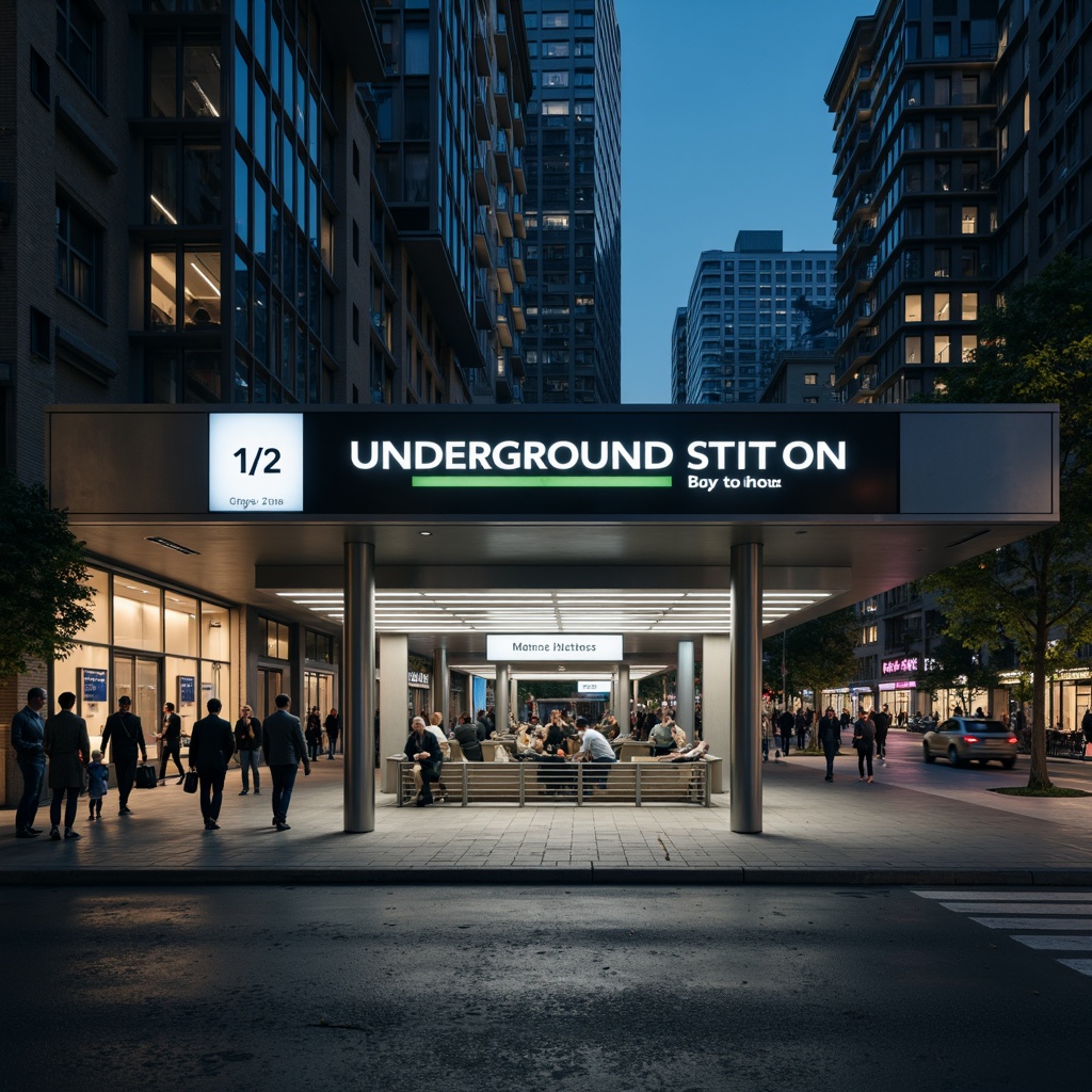 Prompt: Underground metro station, minimalist facade, sleek glass walls, stainless steel columns, LED lighting strips, modern typography signage, urban cityscape, busy street traffic, night time ambiance, softbox lighting effect, 1/2 composition, wide-angle lens, shallow depth of field, realistic metallic reflections, ambient occlusion.