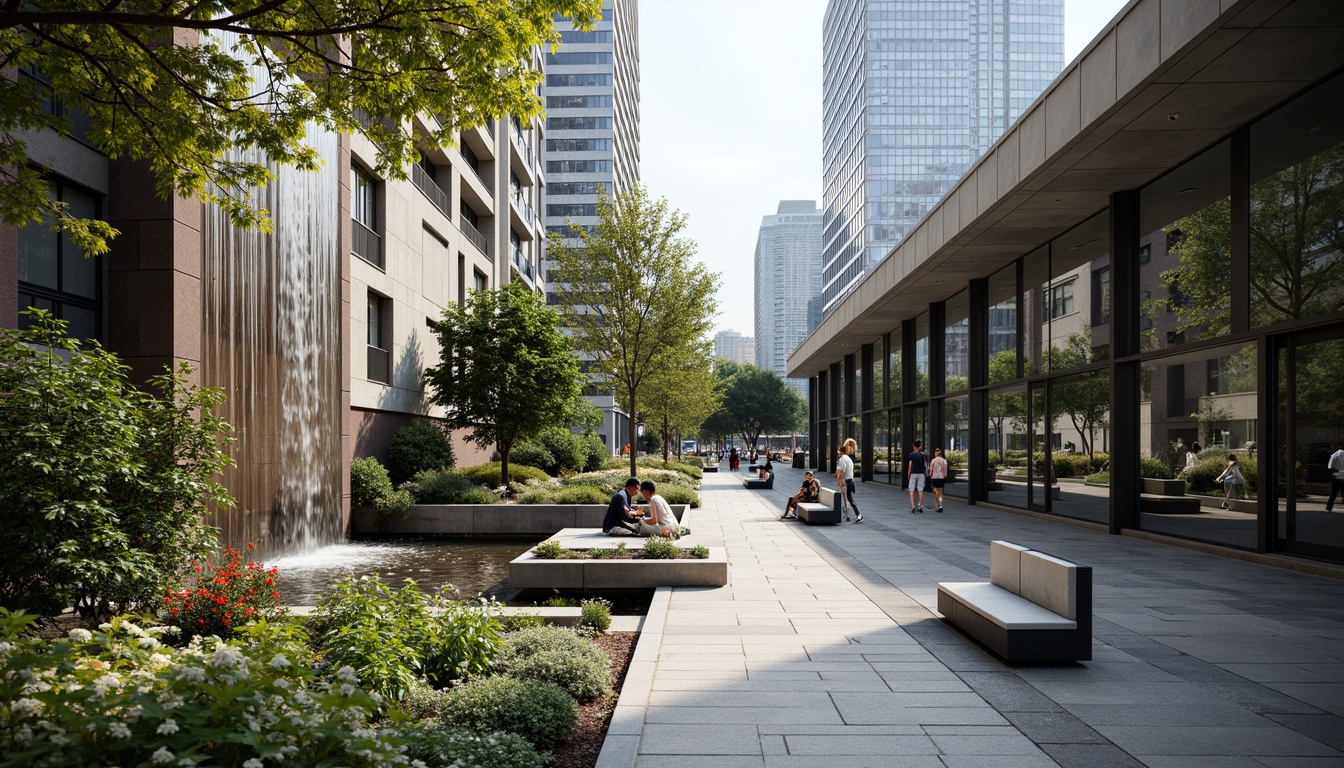 Prompt: Waterfall feature, natural stone walls, lush greenery, vibrant flowers, modern benches, sleek metal railings, geometric paving patterns, large glass windows, minimalist architecture, fusion of organic and synthetic materials, subtle lighting effects, shallow depth of field, 3/4 composition, panoramic view, realistic textures, ambient occlusion, urban cityscape, bustling financial district, sleek skyscrapers, busy streets, contemporary street furniture.