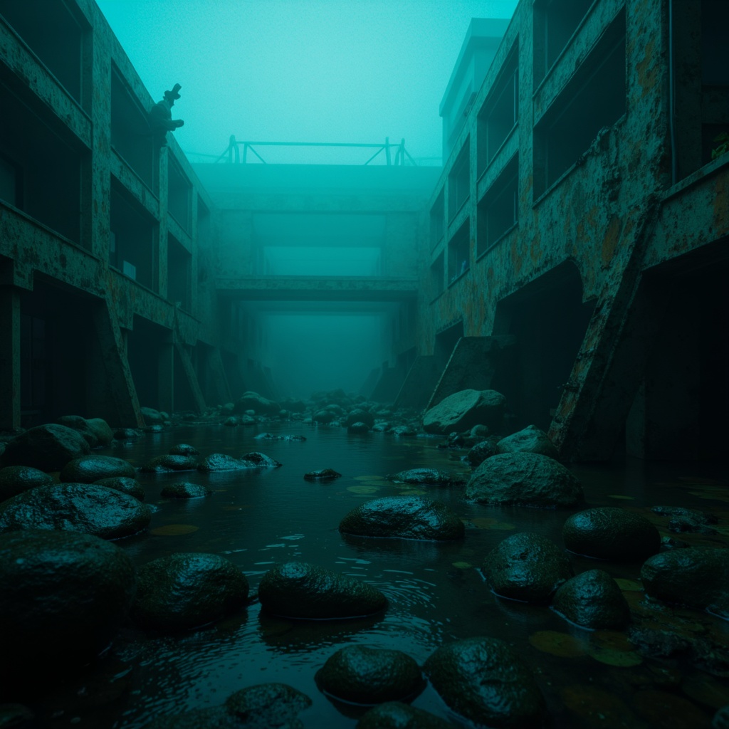 Prompt: Mysterious underwater scene, dark cyan waters, glowing bioluminescent creatures, eerie shipwreck remnants, rusty metal debris, foggy misty atmosphere, subtle blue-green hue, ominous ambient lighting, shallow depth of field, 1/2 composition, realistic reflections, wet surfaces, subtle ripples, mysterious darkness.