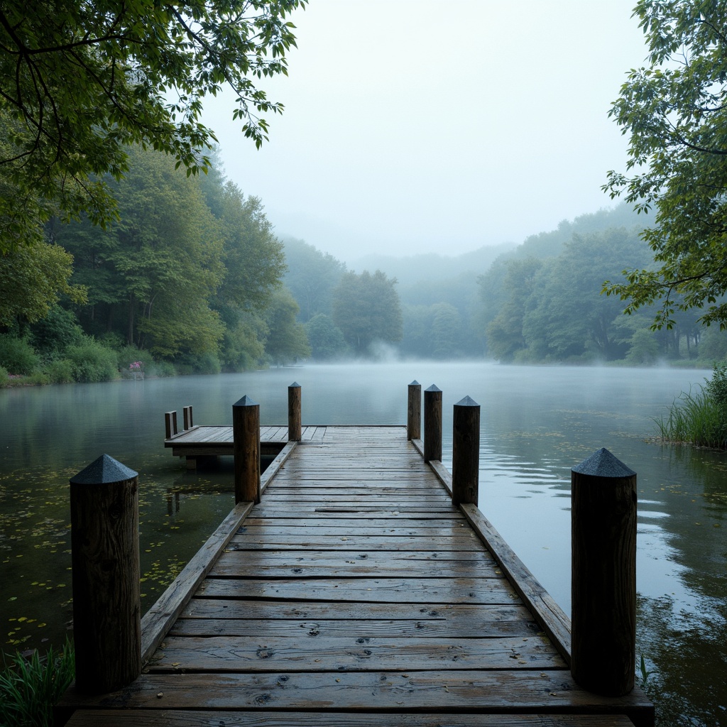 Prompt: Weathered wooden docks, serene lakefront, misty morning atmosphere, lush greenery, water-inspired color palette, calming blues, soothing whites, earthy browns, natural textures, rustic wooden accents, vintage nautical elements, distressed finishes, soft warm lighting, shallow depth of field, 1/1 composition, intimate close-up shots, realistic reflections, ambient occlusion.