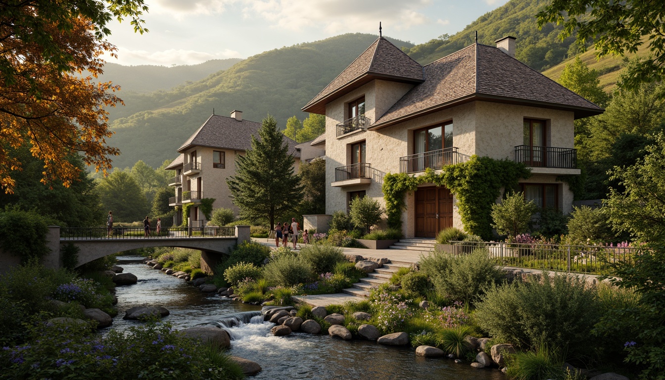 Prompt: Rustic villas, rolling hills, meandering streams, lush green forests, vibrant wildflowers, weathered stone walls, wooden bridges, winding paths, ornate iron gates, ivy-covered facades, turrets, grand staircases, majestic entrance halls, stained glass windows, intricate stonework, warm golden lighting, soft focus, atmospheric perspective, 1/2 composition, cinematic view, detailed textures, realistic foliage.