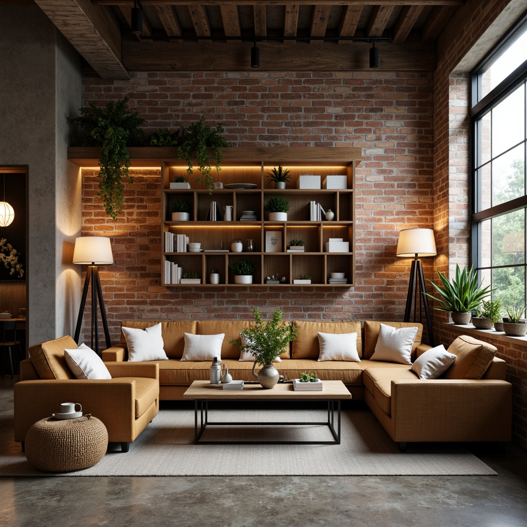 Prompt: Cozy living room, comfortable sofas, wooden coffee table, floor lamps, modern minimalist decor, soft warm lighting, 3/4 composition, shallow depth of field, realistic textures, ambient occlusion, urban loft style, industrial chic elements, exposed brick walls, polished concrete floors, functional furniture, space-saving shelves, greenery accents, natural materials, airy atmosphere, relaxed ambiance.