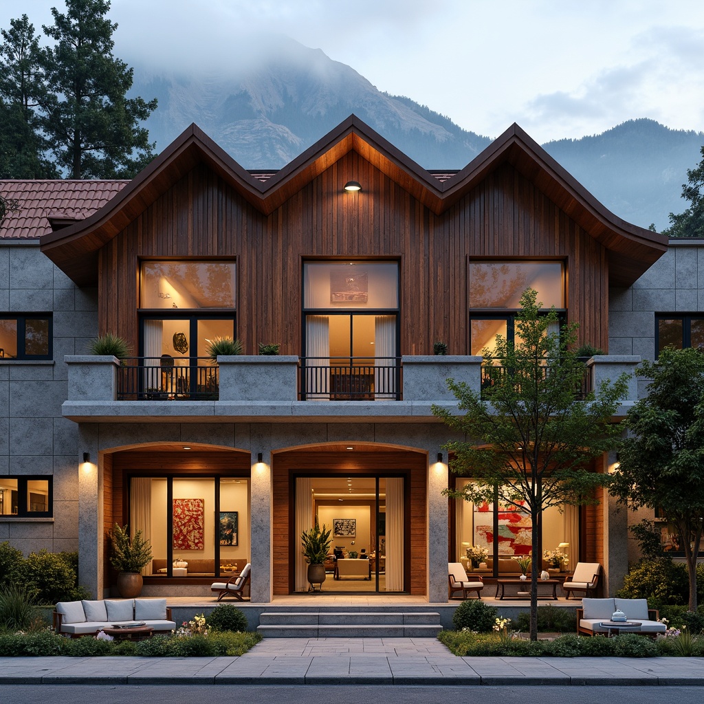 Prompt: Rustic hotel facade, earthy tones, natural stone walls, wooden accents, sloping roofs, curved lines, regional architecture, ornate decorations, vibrant local patterns, warm lighting, cozy atmosphere, inviting entrance, grand lobby, luxurious amenities, scenic mountain views, misty morning, soft focus, 1/2 composition, shallow depth of field, realistic textures.