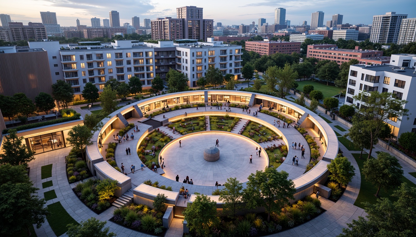 Prompt: Vibrant urban amphitheater, social housing complex, curved architecture, green roofs, communal gardens, public art installations, dynamic street lighting, bustling cityscape, pedestrian-friendly pathways, mixed-use development, integrated transportation hub, modern amenities, sleek balconies, floor-to-ceiling windows, minimalist interior design, natural ventilation systems, energy-efficient appliances, community event spaces, amphitheater seating areas, scenic city views, warm evening ambiance, 3/4 composition, panoramic view, realistic textures, ambient occlusion.