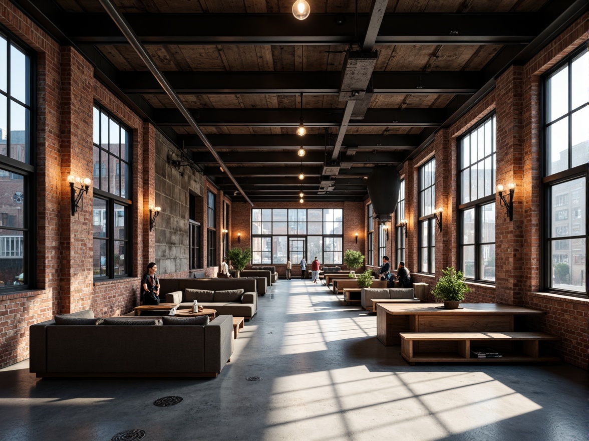 Prompt: Exposed brick walls, industrial metal beams, sleek modern lines, minimalist decor, urban cityscape, bustling streets, converted warehouse spaces, polished concrete floors, reclaimed wood accents, vintage factory windows, steel columns, mechanical pipes, Edison bulb lighting, urban loft atmosphere, natural ventilation systems, open floor plans, functional simplicity, monochromatic color scheme, high-contrast lighting, dramatic shadows, 1-point perspective, low-angle shot, cinematic composition, realistic textures, ambient occlusion.