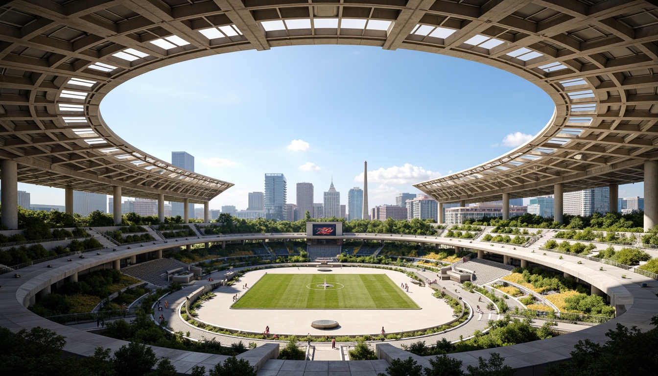 Prompt: Olympic stadium, open-air structure, curved rooflines, natural ventilation systems, wind turbines, clerestory windows, high ceilings, exposed ductwork, steel beams, concrete floors, green roofs, living walls, urban landscape, city skyline, sunny day, clear blue sky, soft warm lighting, shallow depth of field, 3/4 composition, panoramic view, realistic textures, ambient occlusion.