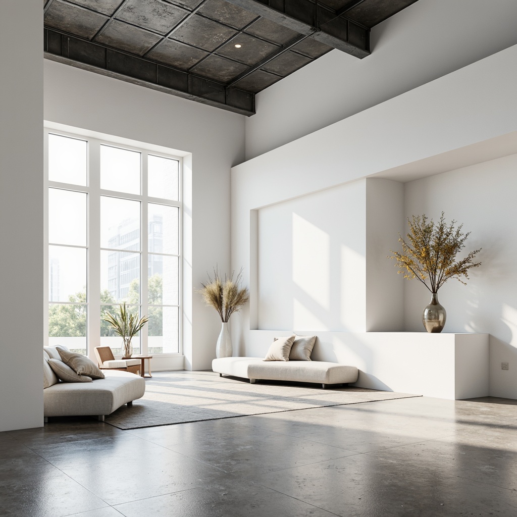 Prompt: Monochromatic interior, sleek lines, minimal decor, pure white walls, polished concrete floors, industrial metal beams, floor-to-ceiling windows, natural light, airy atmosphere, sparse furniture, low-profile seating, geometric shapes, subtle textures, calming ambiance, soft warm lighting, shallow depth of field, 1/1 composition, realistic reflections, ambient occlusion.