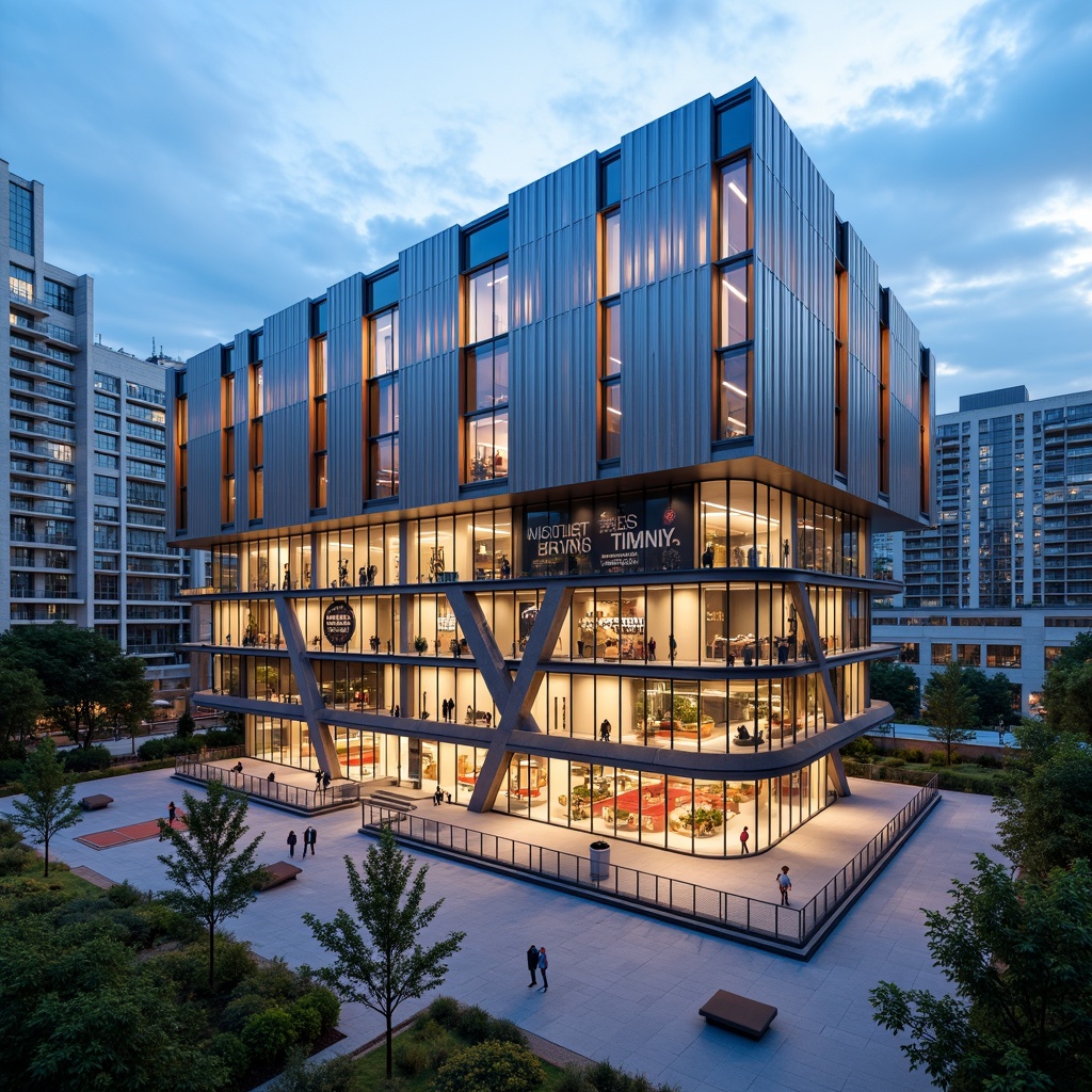 Prompt: Modern gymnasium building, dynamic facade articulation, angular lines, bold colors, metallic materials, transparent glass walls, cantilevered rooflines, open-air courtyard, athletic tracks, basketball courts, sports equipment, motivational quotes, natural ventilation systems, energy-efficient lighting, sustainable design elements, vibrant murals, urban cityscape background, cloudy blue sky, soft warm lighting, shallow depth of field, 2/3 composition, realistic textures, ambient occlusion.