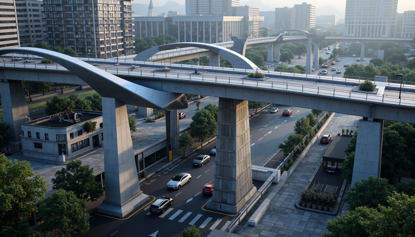 Prompt: Futuristic vehicular bridge, curved steel arches, suspended roadways, dynamic lighting systems, urban cityscape, busy traffic flow, modern architectural design, angular pillars, robust concrete foundations, cantilevered sections, aerodynamic shapes, metallic materials, silver accents, futuristic lamps, atmospheric mist, dramatic shadows, high-contrast lighting, 1/2 composition, cinematic perspective, detailed textures, ambient occlusion.