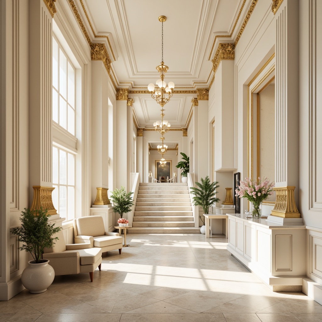 Prompt: Elegant clinic interior, neoclassical architecture, cream-colored walls, polished marble floors, ornate columns, grand staircase, luxurious chandeliers, soft beige furniture, rich wood accents, subtle gold trim, calming pastel colors, serene atmosphere, warm natural light, shallow depth of field, 1/1 composition, realistic textures, ambient occlusion.