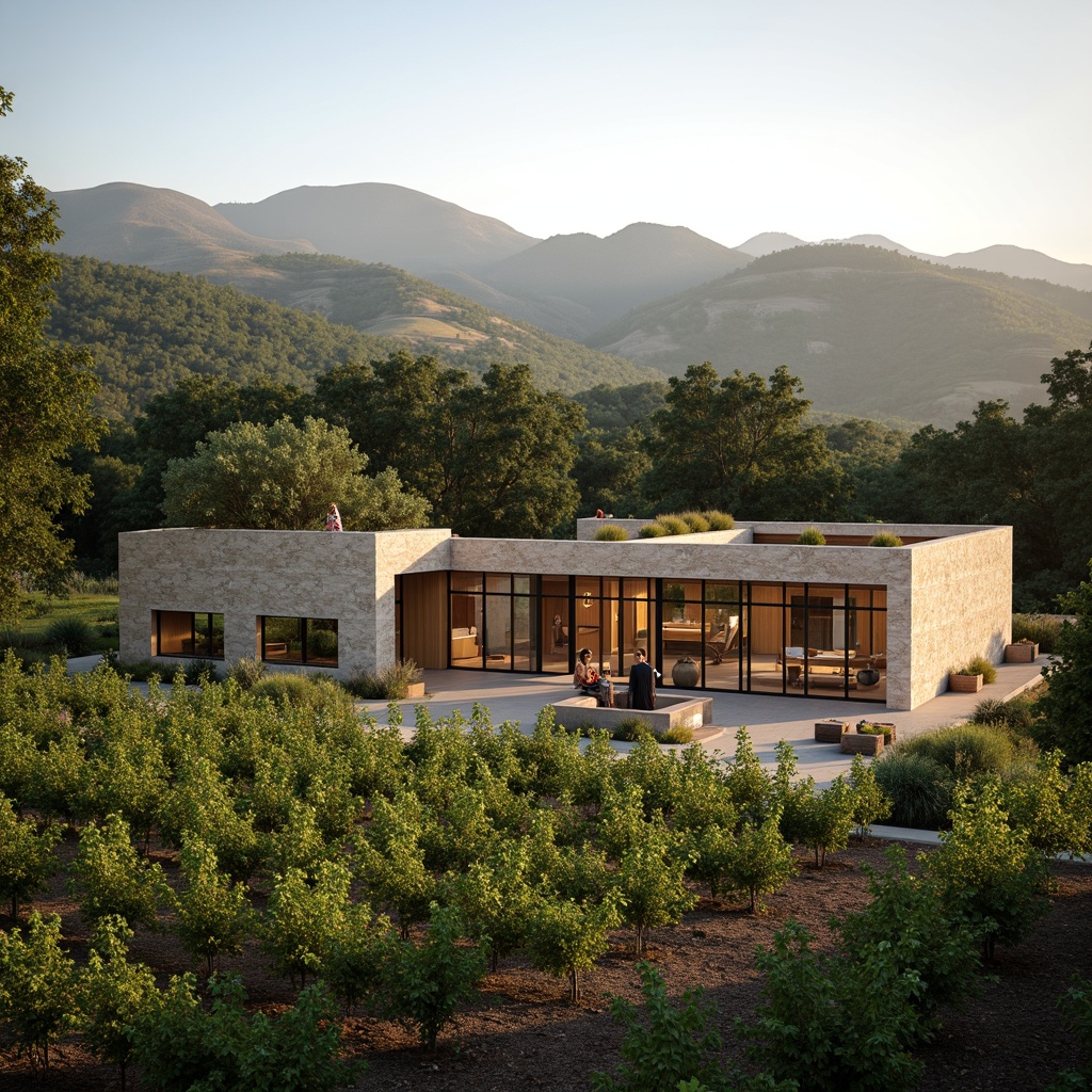 Prompt: Vineyard landscape, rolling hills, lush greenery, rustic stone walls, modern minimalist winery, sleek glass facade, wooden accents, natural materials, earthy tones, organic forms, curved lines, simplicity emphasis, functional design, wine barrel decorations, vine-inspired patterns, soft warm lighting, shallow depth of field, 1/1 composition, intimate atmosphere, realistic textures, ambient occlusion.