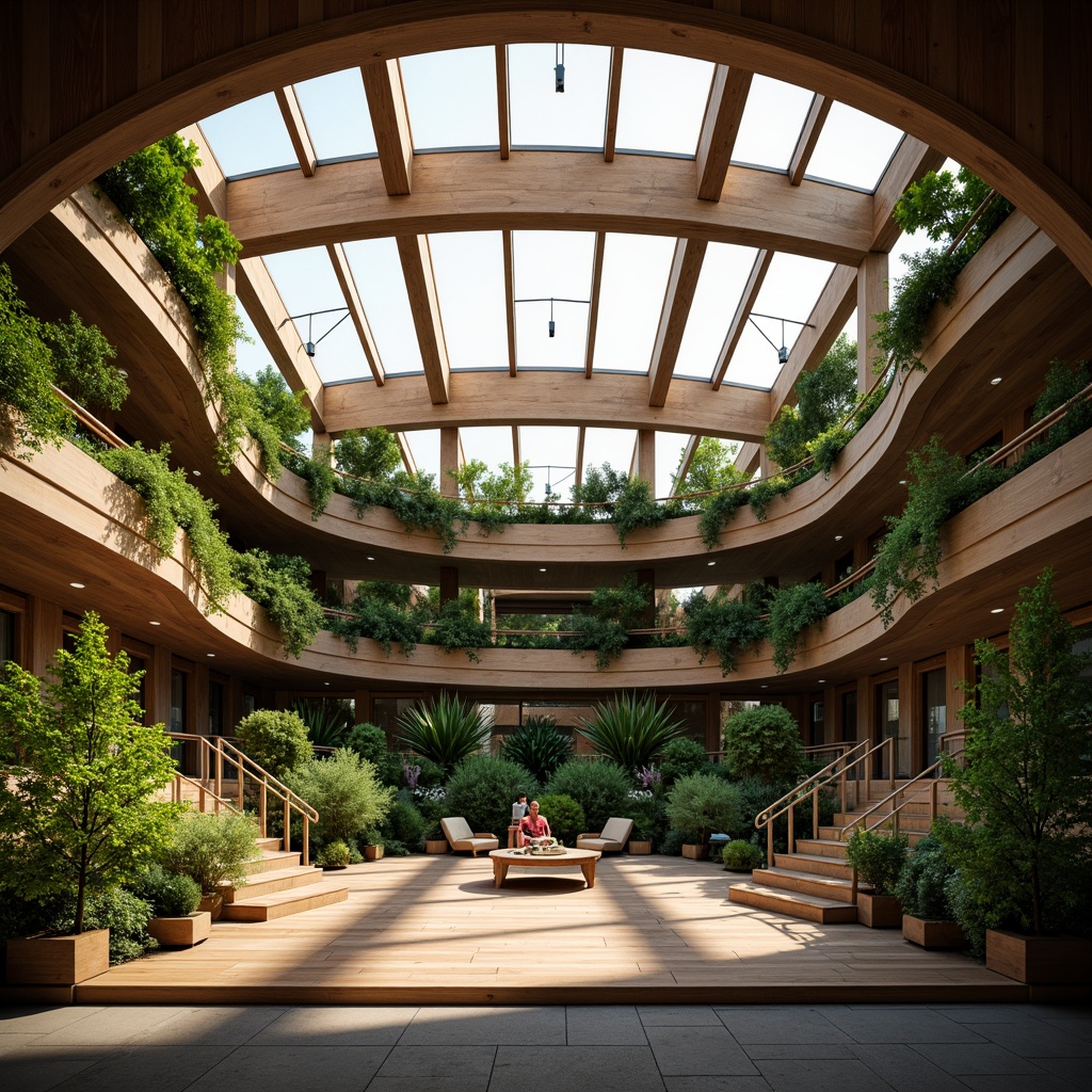 Prompt: Elegant opera house, grand stage, lush green walls, living roofs, natural ventilation systems, clerestory windows, solar tubes, wind catchers, curved wooden beams, recyclable materials, energy-efficient lighting, soft warm ambiance, afternoon sunlight, 1/1 composition, shallow depth of field, realistic textures, ambient occlusion.