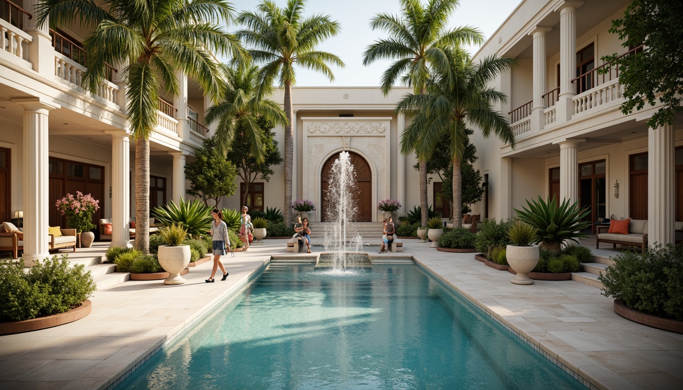 Prompt: Elegant swimming pool, ornate fountains, crystal clear water, statuesque decorations, carved stone borders, marble floors, symmetrical architecture, grand staircases, lush greenery, blooming flowers, tranquil atmosphere, soft warm lighting, shallow depth of field, 3/4 composition, realistic textures, ambient occlusion, Roman-inspired columns, intricate moldings, ornate railings, decorative urns, serene ambiance.