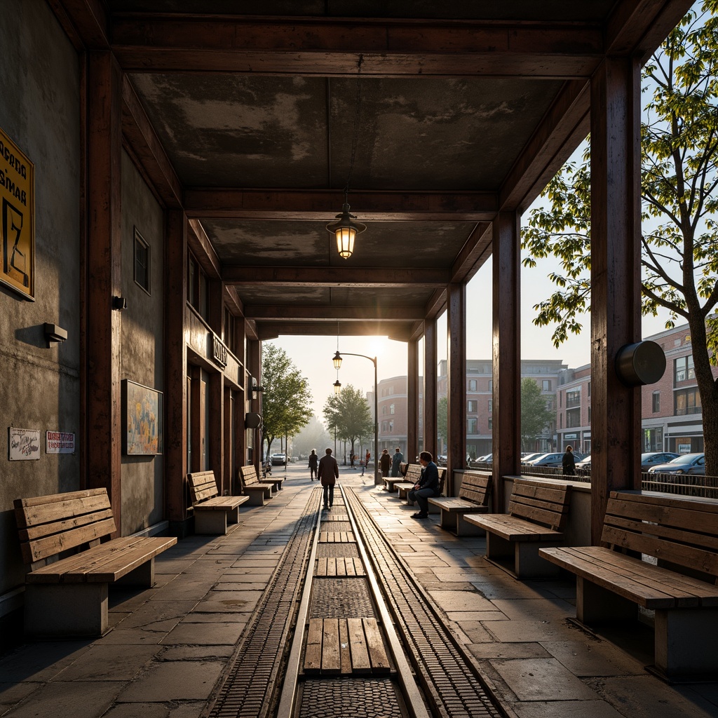 Prompt: Rustic tram station, industrial metal beams, distressed concrete walls, worn wooden benches, vintage advertisements, faded signage, urban cityscape, morning rush hour, soft warm lighting, shallow depth of field, 3/4 composition, realistic textures, ambient occlusion, rough stone flooring, metallic rail tracks, retro-style lamps, nostalgic color palette, intricate tile patterns, ornate ironwork details.