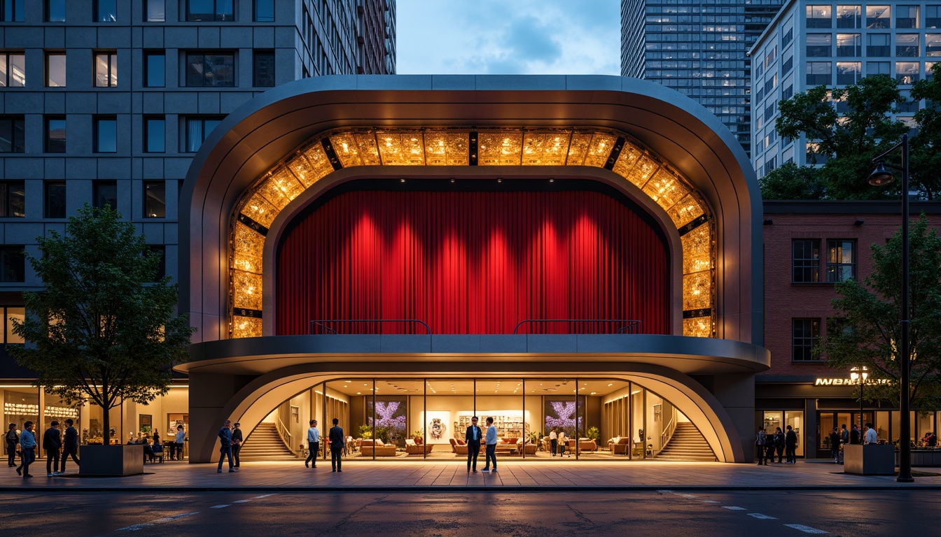 Prompt: Dramatic theater building, streamline moderne architecture, curved lines, metallic materials, glass fa\u00e7ade, urban landscape, cityscape background, bustling streets, vibrant nightlife, pedestrian plaza, outdoor seating areas, dynamic lighting systems, spotlight illumination, stage-inspired design elements, red velvet curtains, ornate golden details, luxurious interior spaces, grand staircase, sweeping arches, natural stone flooring, minimalist d\u00e9cor, bold color schemes, abstract patterned textiles, 1/1 composition, cinematic framing, high contrast lighting, shallow depth of field.