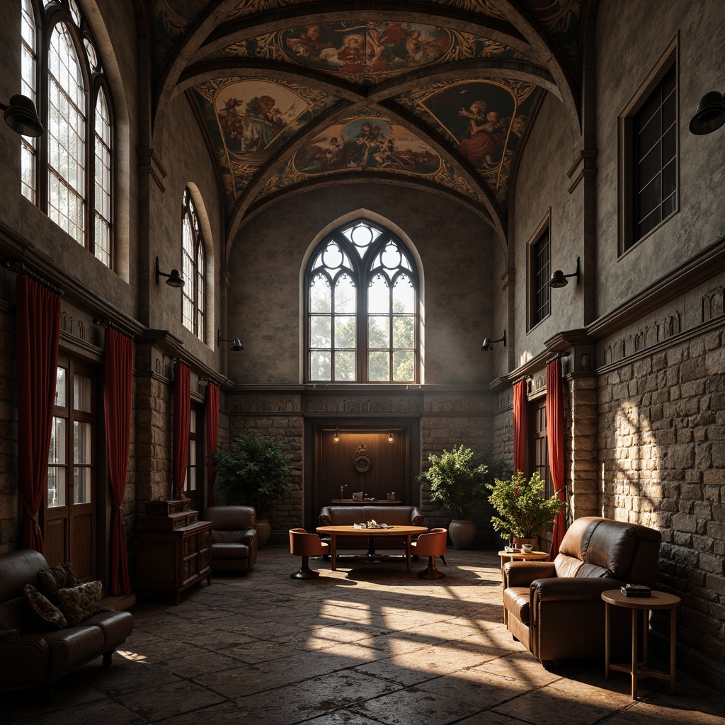 Prompt: Rustic stone walls, worn wooden doors, distressed metal accents, ornate carvings, intricate frescoes, grand vaulted ceilings, stained glass windows, luxurious velvet drapes, antique furnishings, leather-bound tomes, dim warm lighting, mysterious shadows, atmospheric fog, 1/1 composition, symmetrical framing, high contrast ratio, realistic ambient occlusion.