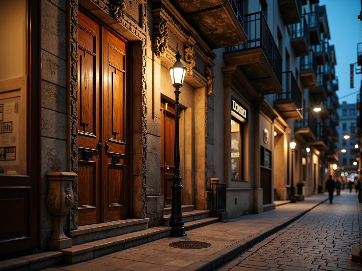 Prompt: Historic building facade, ornate stone carvings, intricately patterned brickwork, worn wooden doors, rusty metal accents, vintage street lamps, atmospheric night lighting, shallow depth of field, 3/4 composition, realistic textures, ambient occlusion, rich cultural heritage, nostalgic urban landscape, bustling city streets, vibrant commercial districts.