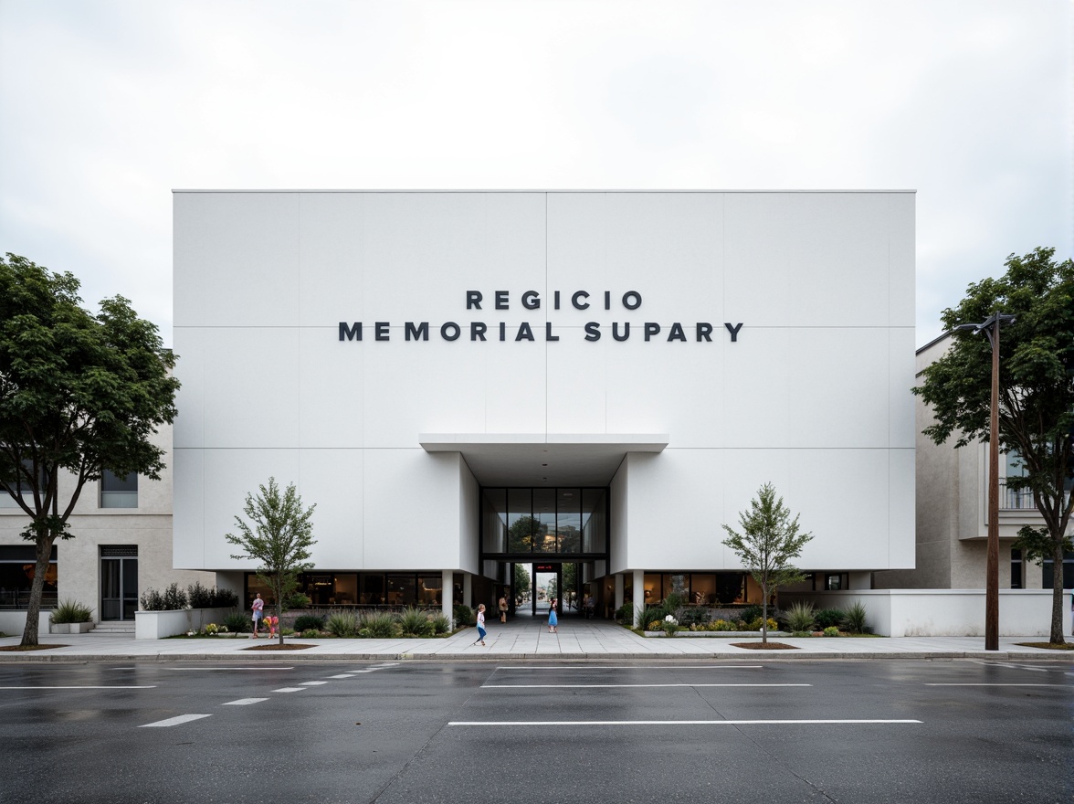 Prompt: Rigid memorial center, stark white facade, bold black typography, minimalist entrance, cantilevered roofs, industrial materials, exposed ductwork, functional simplicity, geometric shapes, primary color accents, urban surroundings, asphalt pavement, pedestrian walkways, somber atmosphere, overcast skies, dramatic shadows, high contrast lighting, 1/1 composition, symmetrical framing, abstract textures, subtle weathering effects.