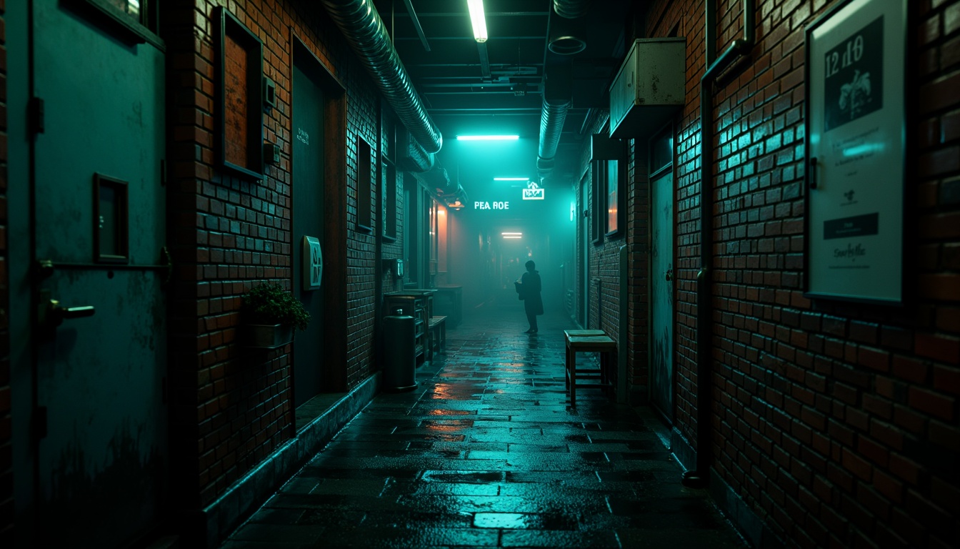 Prompt: Moody dark cyan walls, mysterious ambiance, industrial chic decor, exposed brick textures, distressed wood accents, vintage metal fixtures, moody lighting, foggy atmosphere, cinematic composition, shallow depth of field, 1/1 aspect ratio, film grain texture, high contrast ratio, dramatic shadows, urban cityscape, rainy night scene, neon lights reflection, misty alleyway.