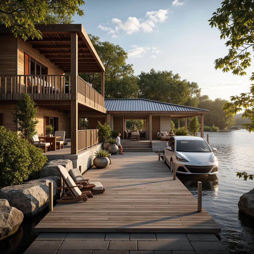 Prompt: Waterfront boathouse, rustic wooden dock, weathered wooden planks, nautical rope railings, corrugated metal roofing, glass sliding doors, marine-grade stainless steel fixtures, reclaimed wood accents, natural stone foundation, lush greenery surroundings, serene lake views, warm sunny day, soft golden lighting, shallow depth of field, 1/1 composition, realistic textures, ambient occlusion.