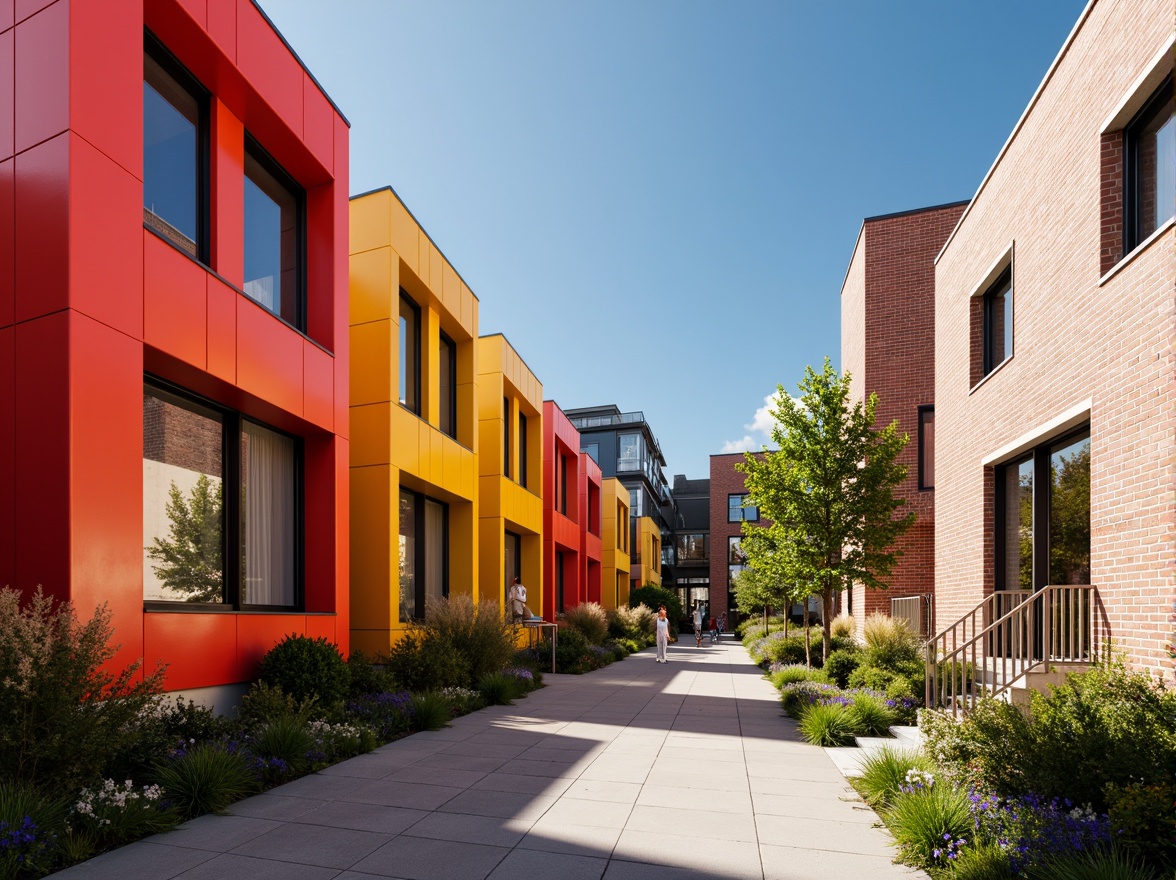 Prompt: Vibrant primary colors, bold geometric shapes, functional industrial materials, exposed brick walls, steel beams, minimalist decor, rectangular windows, flat roofs, urban cityscape, morning sunlight, high contrast lighting, 1/1 composition, abstract textures, stark shadows, modernist aesthetics, rational design principles.