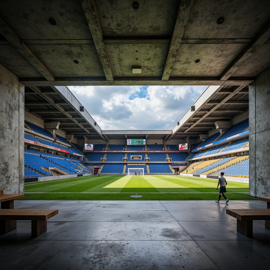 Prompt: Rugged concrete structures, brutalist architecture, soccer stadium interior, exposed ductwork, industrial-style lighting, raw concrete walls, minimalist seating areas, steel beams, functional corridors, athletic facilities, locker rooms, showers, training equipment, scoreboard displays, vibrant team colors, dynamic shadows, high-contrast lighting, 1/1 composition, dramatic camera angles, realistic textures, ambient occlusion.