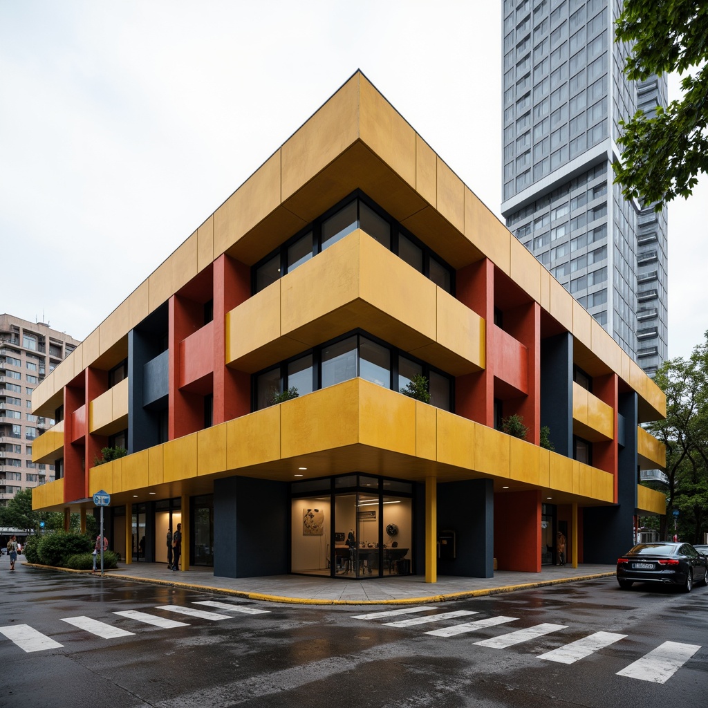 Prompt: Bauhaus-style building, rectangular forms, clean lines, industrial materials, bold primary colors, functional simplicity, geometric shapes, minimalist aesthetic, urban landscape, overcast sky, dramatic shadows, low-angle shot, 1/1 composition, high-contrast lighting, abstract textures, subtle gradations, brutalist influence, rational design philosophy.