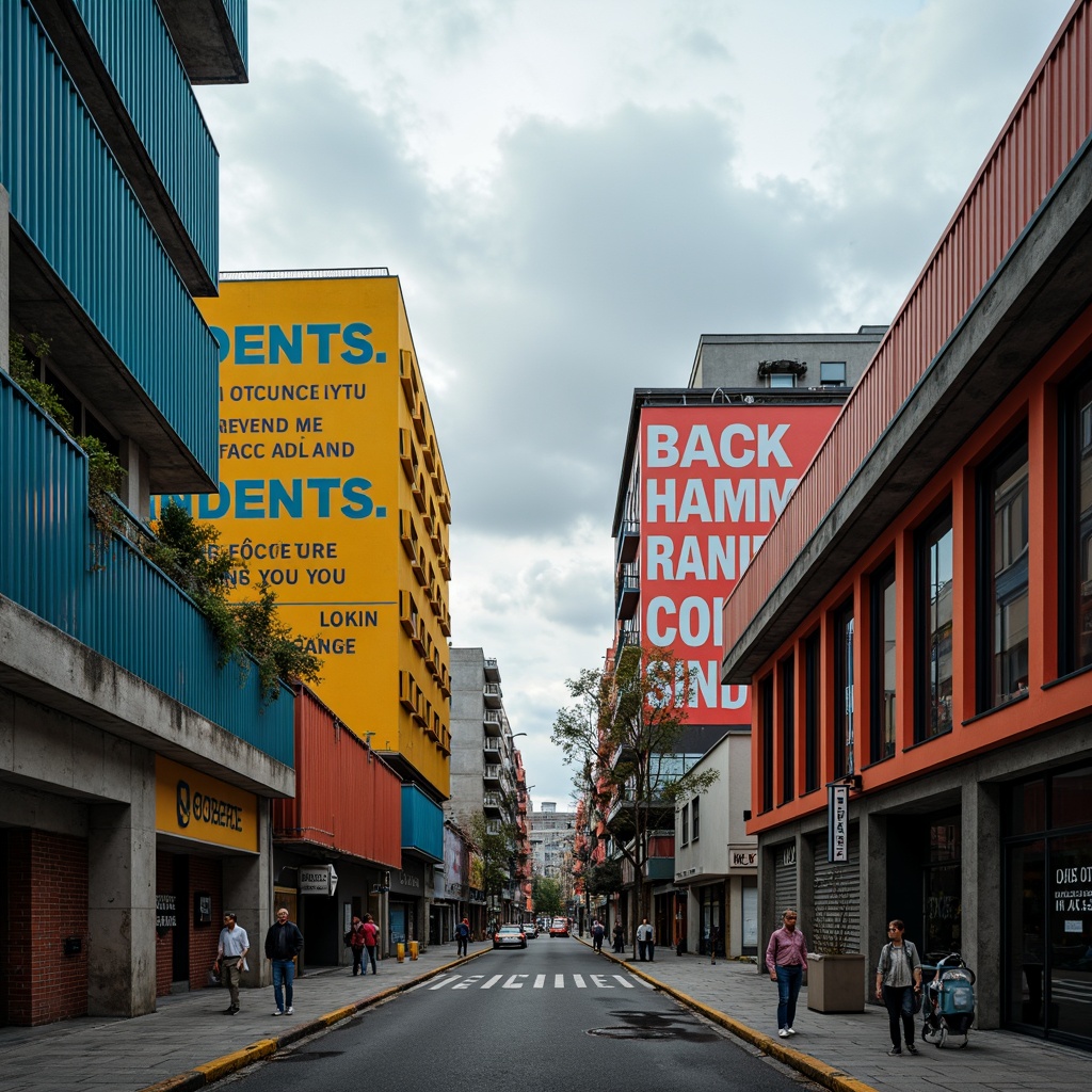 Prompt: Vibrant primary colors, bold typography, functionalist buildings, clean lines, rectangular forms, industrial materials, steel beams, concrete structures, minimal ornamentation, rational design, functional simplicity, urban landscape, cloudy sky, dramatic lighting, low-angle shot, 2/3 composition, muted color palette, distressed textures, atmospheric perspective.