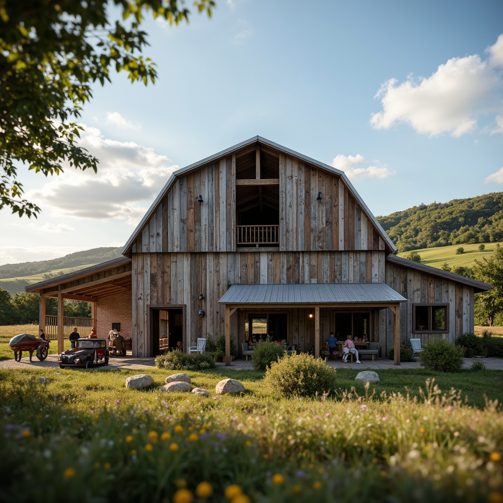 Prompt: Rustic barn, weathered wooden planks, corrugated metal roofing, distressed finishes, earthy tones, natural materials, reclaimed wood accents, industrial metal beams, exposed brick walls, vintage agricultural equipment, rural landscape, rolling hills, wildflower fields, cloudy blue sky, warm soft lighting, shallow depth of field, 1/2 composition, cinematic framing, realistic textures, ambient occlusion.